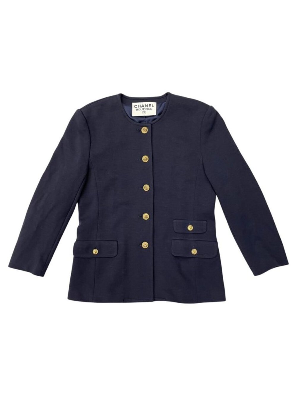 Chanel Boutique Collarless Jacket Lion Head Button Navy Gold